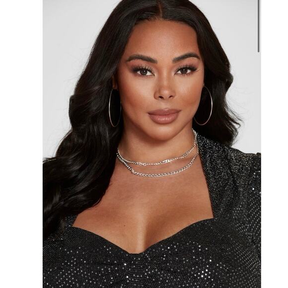 Fashion to Figure Leandra Black Puff Sleeve Metallic Sequin Ruched Crop Top Sz L - Picture 5 of 9